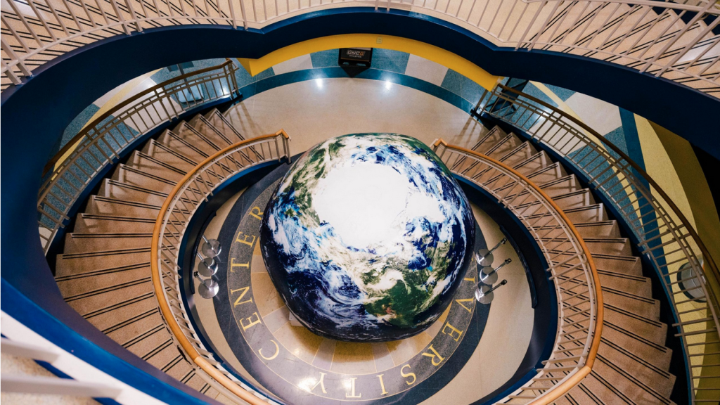 Giant globe in the middle of several spiral staircases